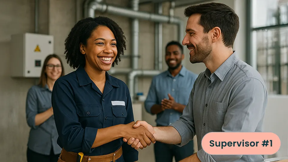 Two maintenance team members shaking hands