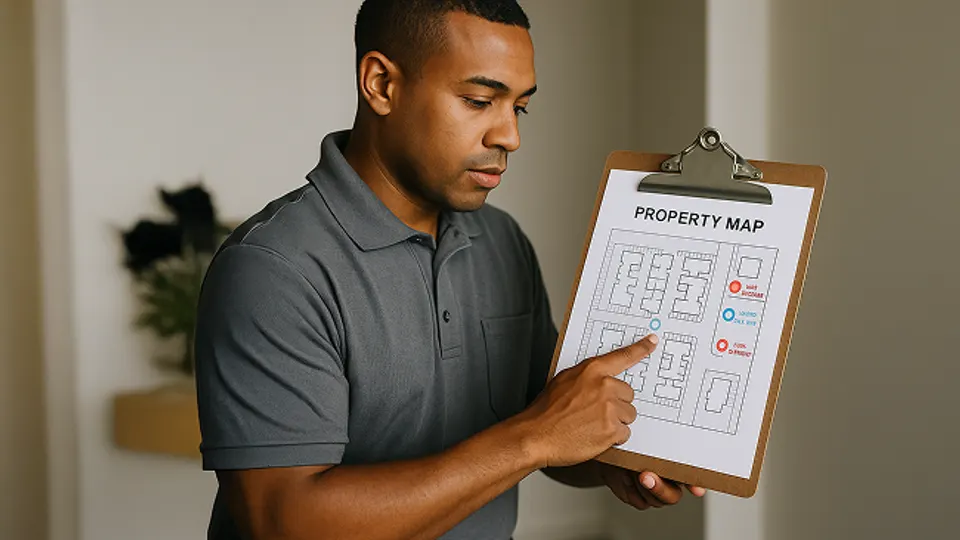 Technician reviewing an emergency site map on a clipboard